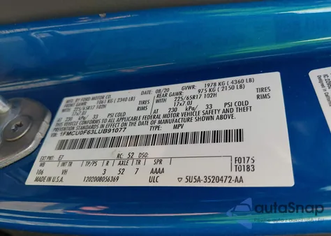 2020 Ford Escape S z USA, uszkodzony, nr VIN 1FMCU0F63LUB91077